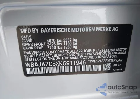 2019 BMW 530I xDrive z USA, uszkodzony, nr VIN WBAJA7C5XKG911946